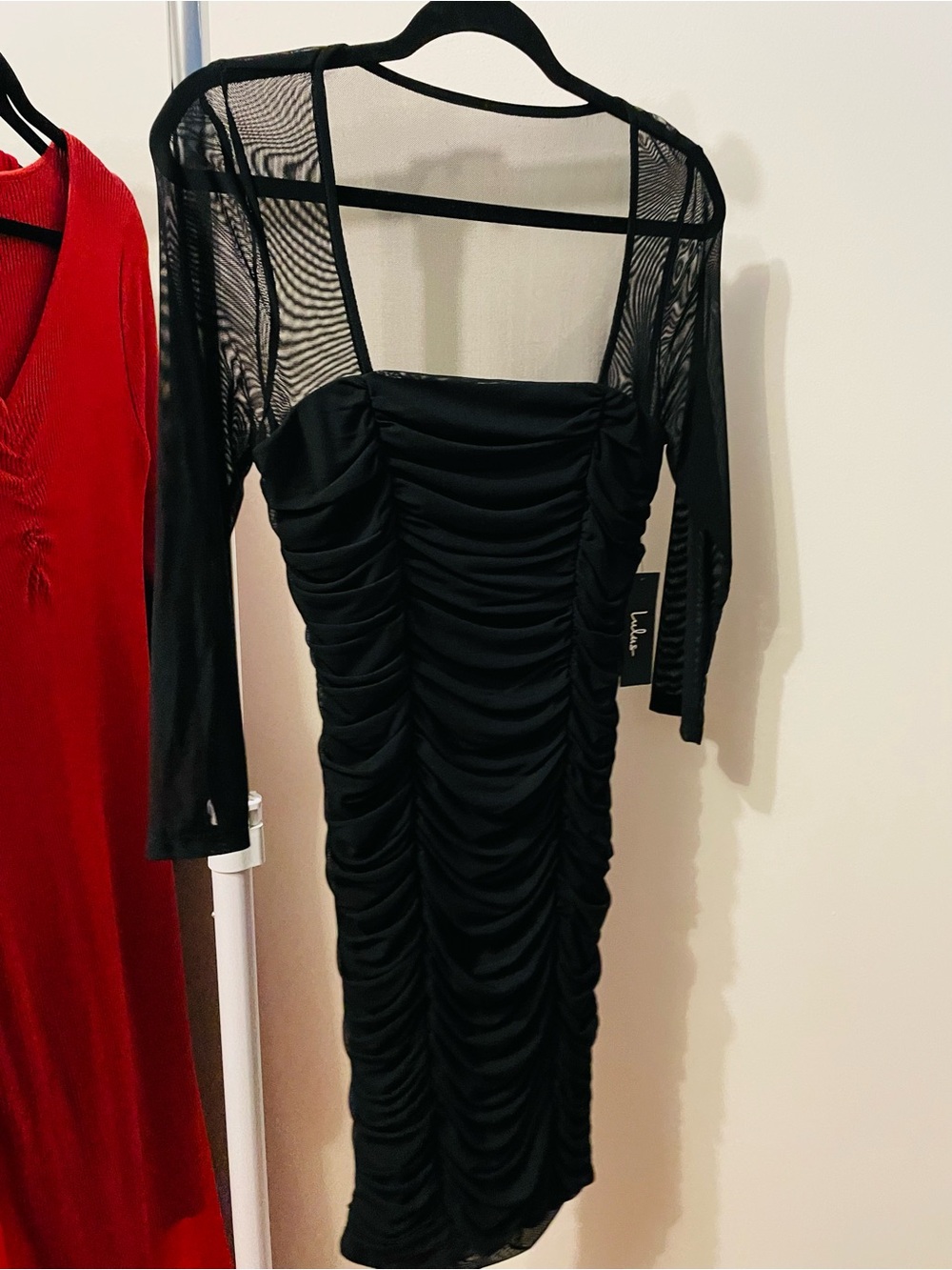 Lulus Black Ruched Mesh-Sleeve Midi Dress
